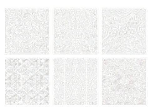 Set of six intricate geometric mandala line art patterns for coloring book pages
