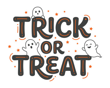 Halloween trick or treat ghost illustration with bold text and festive orange stars