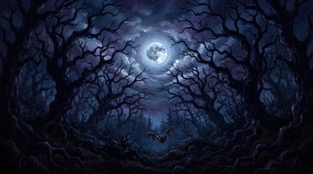 A spooky and eerie halloween night scene featuring a bright moon shining through dark gnarled trees
