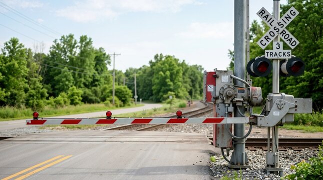 Railroad crossing gate arm mechanism and crossbuck sign. Traffic barrier with warning lights at railway intersection