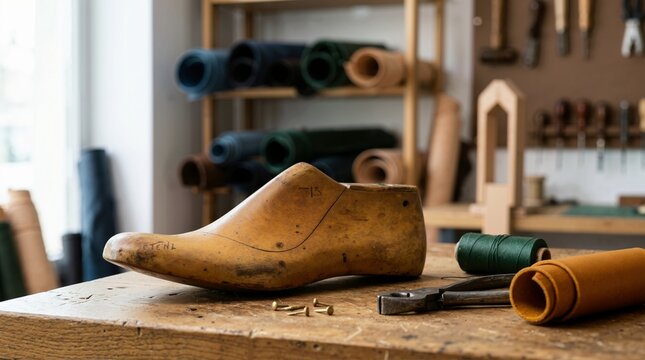 Wooden shoe last on a shoemaker workbench. Foot mold form for bespoke leather footwear crafting in workshop