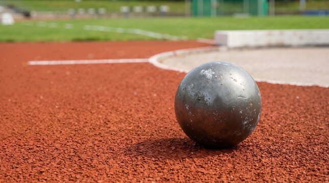 Heavy metal shot put sphere on a red athletic track throwing circle. Track and field sports equipment close up
