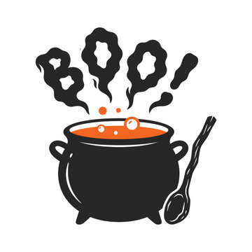 Cauldron with Bubbling Orange Potion and Boo Smoke Illustration