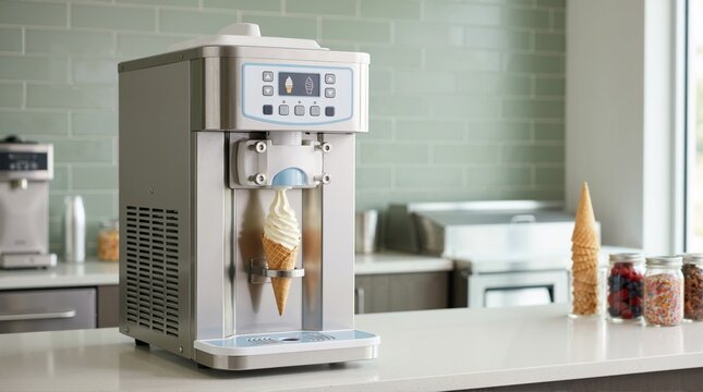 Automatic soft serve ice cream machine dispensing vanilla cone. Stainless steel dispenser on commercial counter. Dessert equipment and food service concept