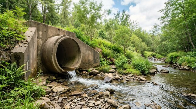 Concrete storm sewer outfall pipe discharging water into a natural stream. Environmental impact and drainage infrastructure concept