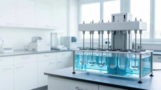 Tablet dissolution testing apparatus in a pharmaceutical laboratory. Glass vessels with blue liquid and dissolution paddles for quality control. Drug research and scientific laboratory concept