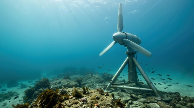 Underwater tidal stream generator installed on the seabed. Renewable marine energy turbine technology in ocean water