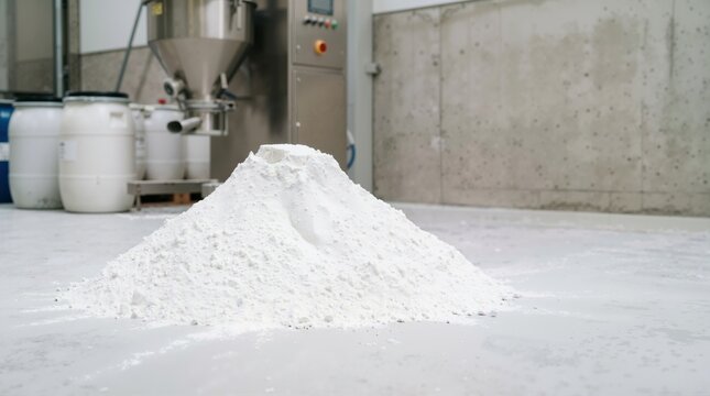 White titanium dioxide powder heap on industrial factory floor. Fine chemical raw material mound in production facility