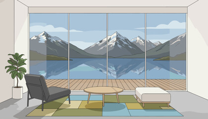 Fototapeta premium Modern interior living room with a large window wall offering a spectacular view of snowy mountains and a lake.