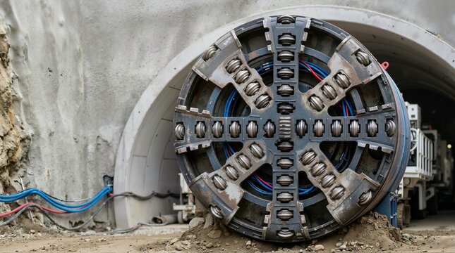 Tunnel boring machine cutterhead inside underground construction tunnel. Industrial TBM cutting head for subway and infrastructure excavation