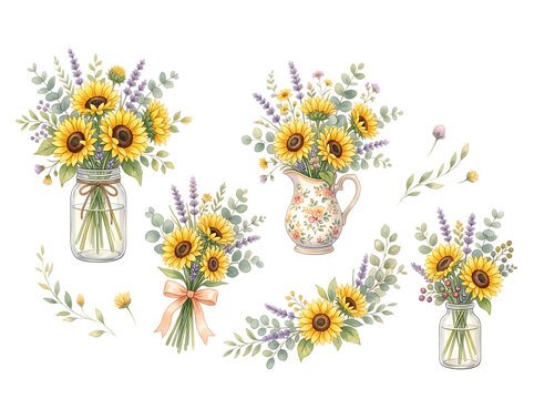Watercolor sunflower and lavender floral bouquets in vases and jars isolated set