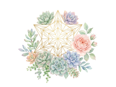 Watercolor succulent and flower wreath with gold geometric star frame on white background