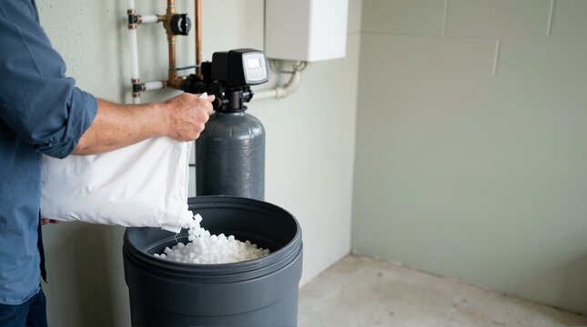 Man pouring salt pellets into a water softener brine tank. Refilling hard water treatment system in a basement
