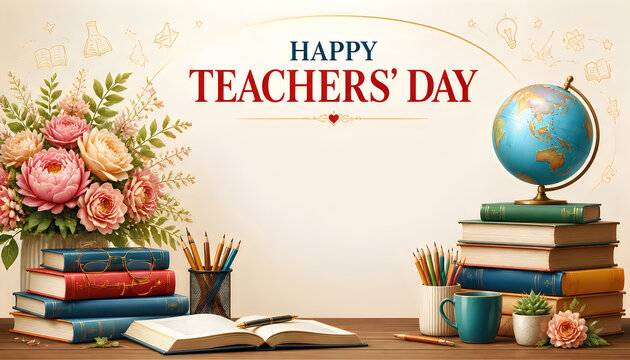 Teachers day greeting card with floral bouquet books globe and school supplies.