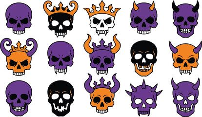 Fototapeta premium Halloween Skull Clipart Set of 15 Purple Orange Vector Designs