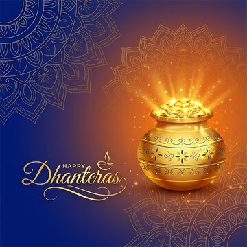 Happy dhanteras greeting card with golden pot full of coins and mandala art