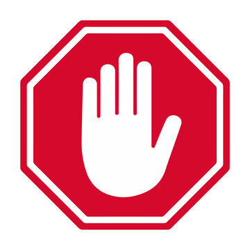 Stop sign or red octagonal prohibition hand symbol vector illustration