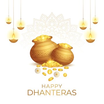 Happy dhanteras greeting with golden coins and traditional oil lamps