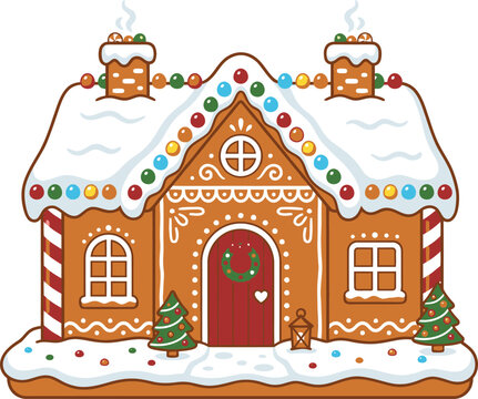 Christmas gingerbread house with snowy roof candy decorations and festive wreath