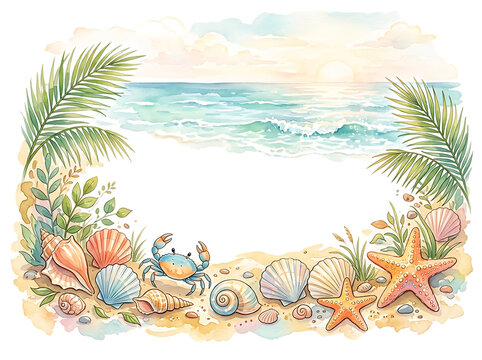 Watercolor beach frame with seashells, starfish, crab and palm leaves on white background