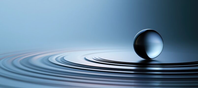 Clear water sphere on layered matte platforms with energy trails and wide copy space