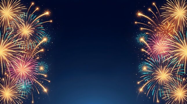 Bright colorful fireworks side border frame, on dark blue background with central copy space, for festival and celebration background concept