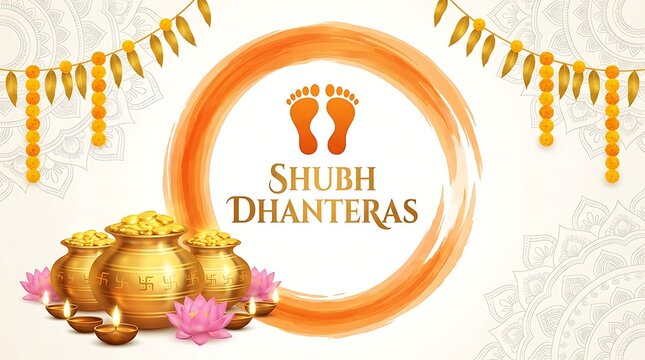Shubh dhanteras greeting card with golden pots and marigold flowers
