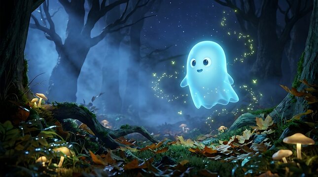 Friendly cartoon ghost floats among glowing mushrooms in a whimsical enchanted forest