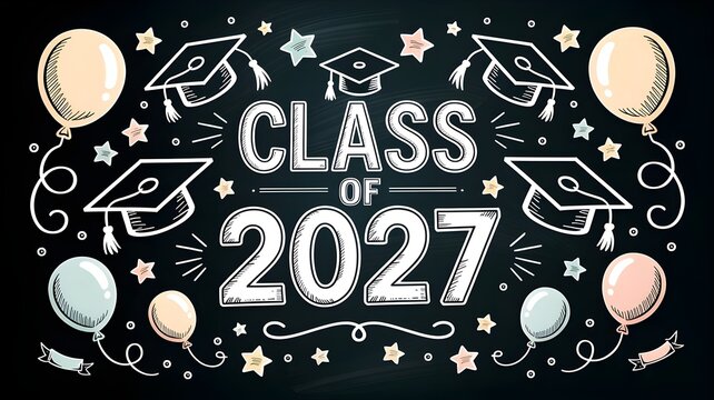 Class of 2027 graduation chalkboard design with caps and balloons for school celebration.