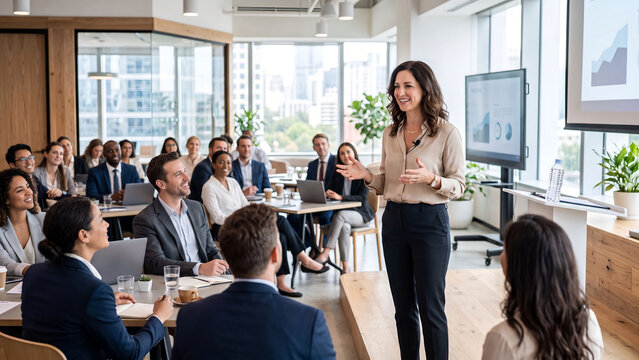 Confident businesswoman presenting a financial chart on screen to her team perfect for a corporate strategy and development concept