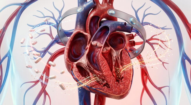 Beating heart and coronary artery cutaway with dissolving tablet molecules failing to bind a damaged receptor beside plaque buildup and warning glow.