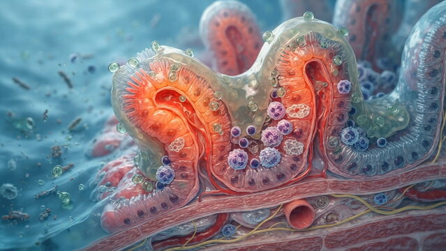 Small intestine cross section showing waterborne parasite infection with inflamed villi, oocysts, mucus, and immune response