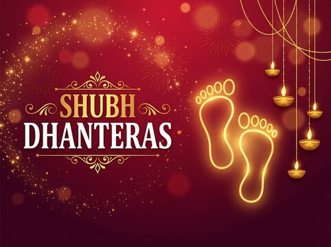 Shubh dhanteras greeting card with glowing footprints and hanging oil lamps