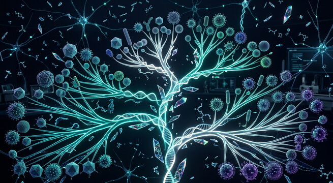 Virus classification landscape with diverse virion shapes sorting into branching phylogenetic structures of nucleic acid strands and data shards for virology and taxonomy research.