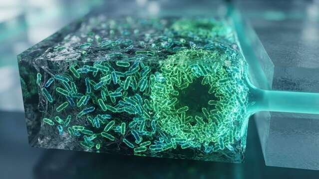 Microfluidic chamber with E. coli, agar gel, nutrient channels, and density-driven growth inversion