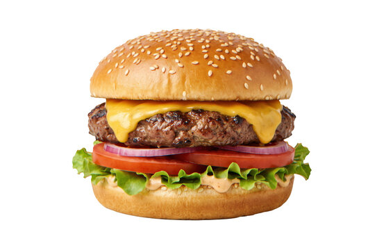 Juicy beef cheeseburger with melted cheddar cheese, red onion, tomato, and lettuce on a sesame seed bun, isolated on transparent background