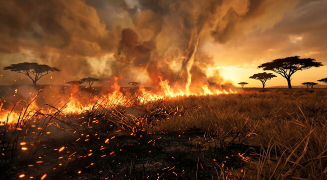 Savanna firefront racing through dry grasses and acacia silhouettes with ember sparks, smoke, heat vortex, and scorched earth