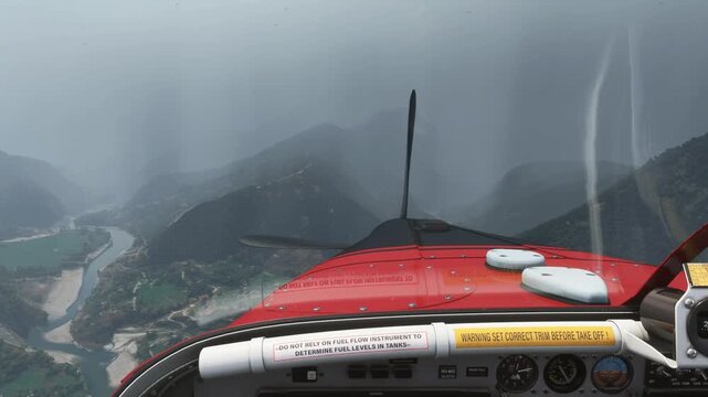 Cockpit view from inside a small red airplane experiencing engine failure while navigating through a foggy mountain valley during a storm