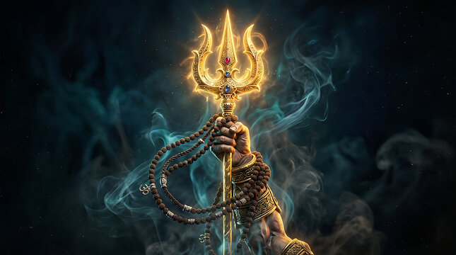 Divine trident with glowing flames surrounded by mystical smoke embodying spiritual power and enlightenment progress