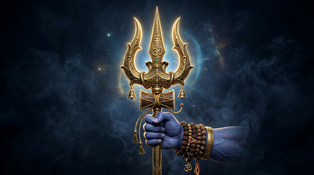 Intricate divine trident with ornate design held by a hand adorned with beads and bracelets against cosmic background reflecting