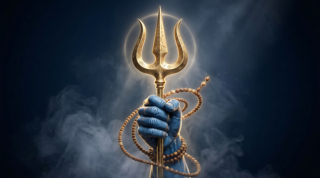 Powerful divine artifact featuring a golden trident held by a hand enveloped in blue gloves with a glowing aura and mystical