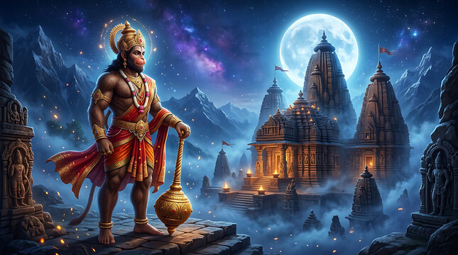 Majestic depiction of a regal warrior standing vigilant in front of ancient temple under luminous full moon and starry night sky