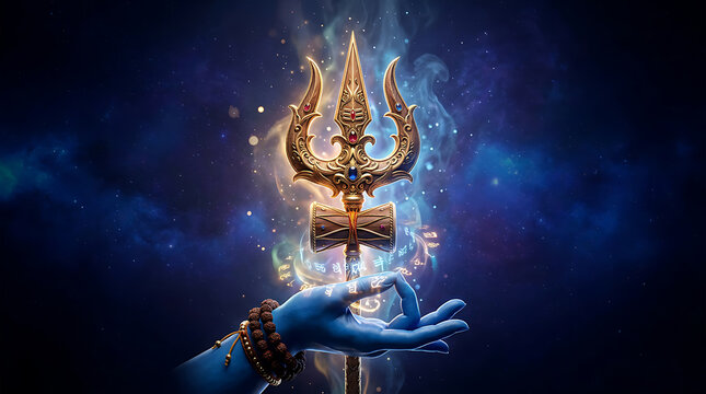 Magical celestial trident above an open mystical book with glowing starry background for spiritual awakening and divine power