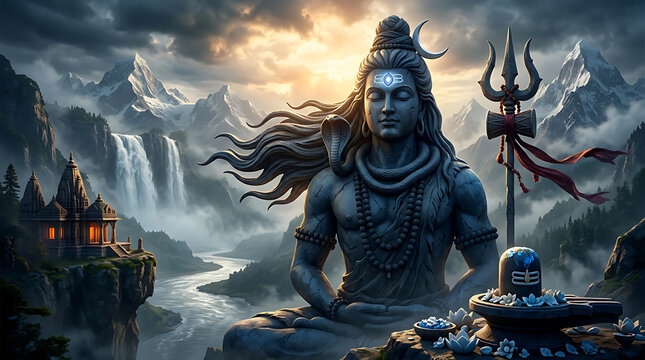 Majestic Himalayan deity sculpture amid mountain landscape with cascading waterfalls and serene ritual offerings at dawn