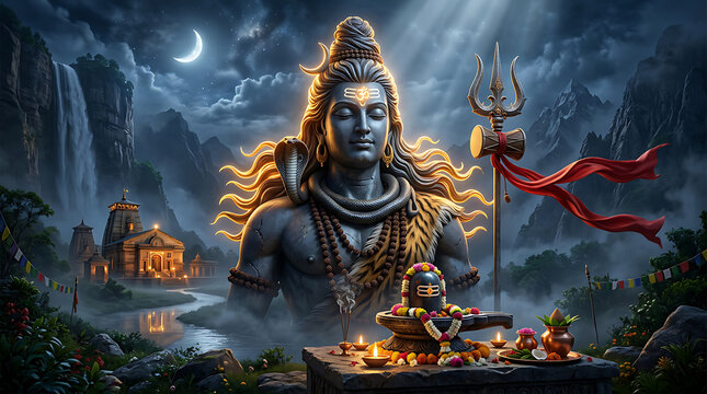 Majestic Himalaya landscape with large Shiva statue in serene night scene illuminated by candles