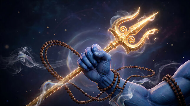 Intricate depiction of a powerful divine hand gripping a glowing trident with ornate details embodying spiritual strength and
