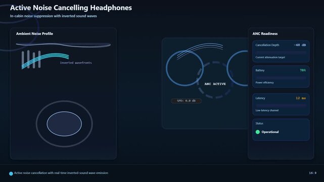 Active Noise Cancelling Headphones Dashboard with Real-Time ANC Metrics Display