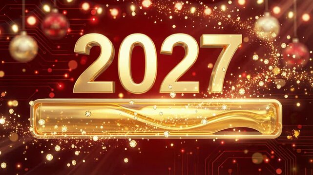 Golden 2027 numbers with a shiny loading progress bar on a festive red glitter background and bokeh lights. Future, innovation, countdown, the new year is coming