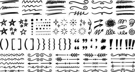 Naklejka premium Collection of hand drawn ink doodle elements including lines dividers stars arrows brackets punctuation marks and decorative swirls