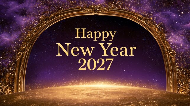 Happy New Year 2027 greeting in a cosmic gold arch